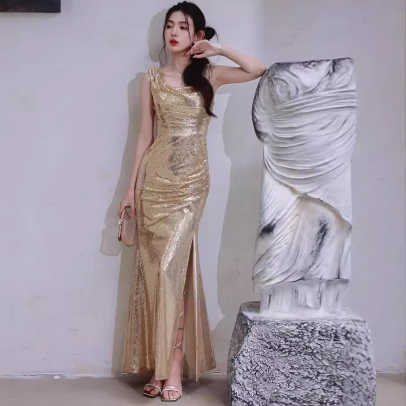 Golden Evening Dress Niche Swing Collar Backless dress Sequin Party Long Slim-Fit Split Show Dress