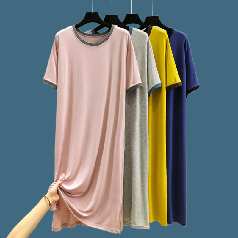 Modal Nightdress 여성용 여름 플러스 사이즈 느슨한 원피스 V-넥 중간 길이 A-라인 스커트 얇은 무릎 위 가정용 스커트