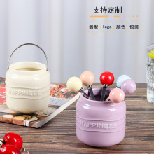 ins风陶瓷水果叉套装甜品月饼叉子带收纳罐儿童不锈钢水果签