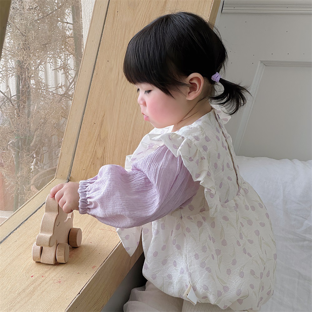 Ropa de bebé, ropa de primavera y otoño, princesa, dos piezas falsas, bebé femenino, bolso floral coreano, abrigo de pedo, mampara triangular de Mori