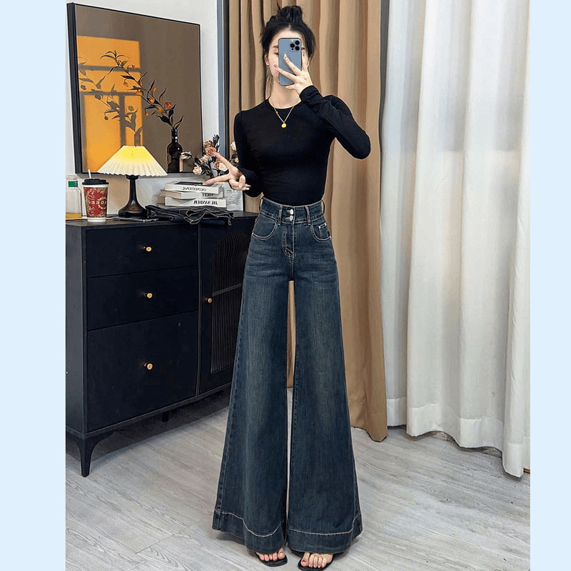 深蓝色微喇叭牛仔裤女春秋新款复古低腰气质阔腿显瘦直筒马蹄裤子|undefined