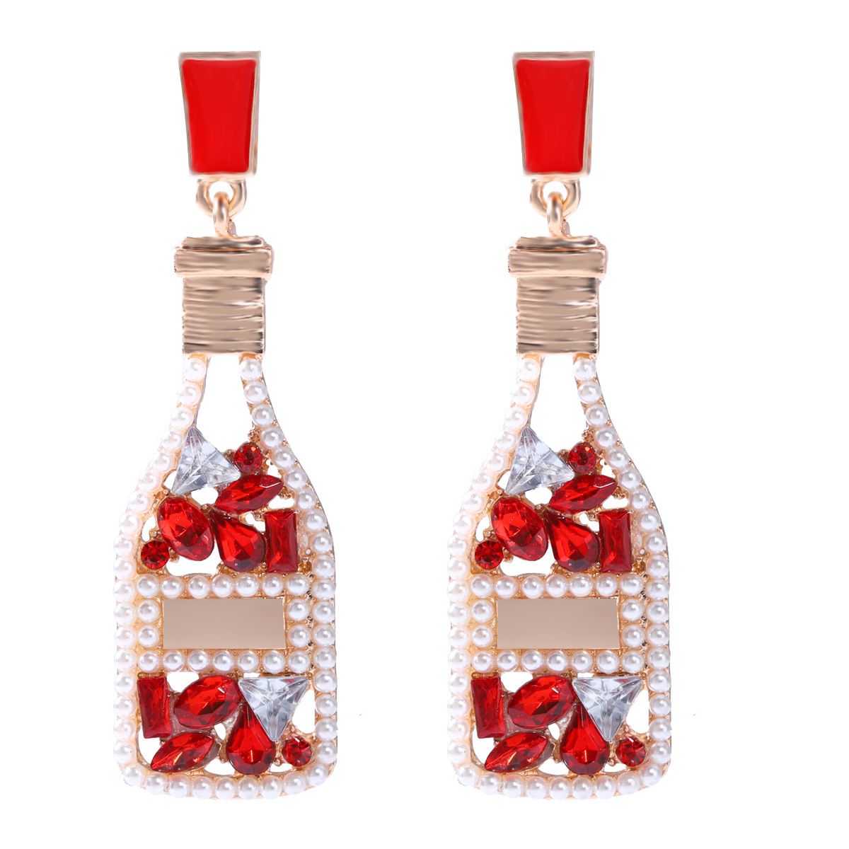 Fashion Wine Bottle Alloy Hollow Rhinestone Pearl Earrings