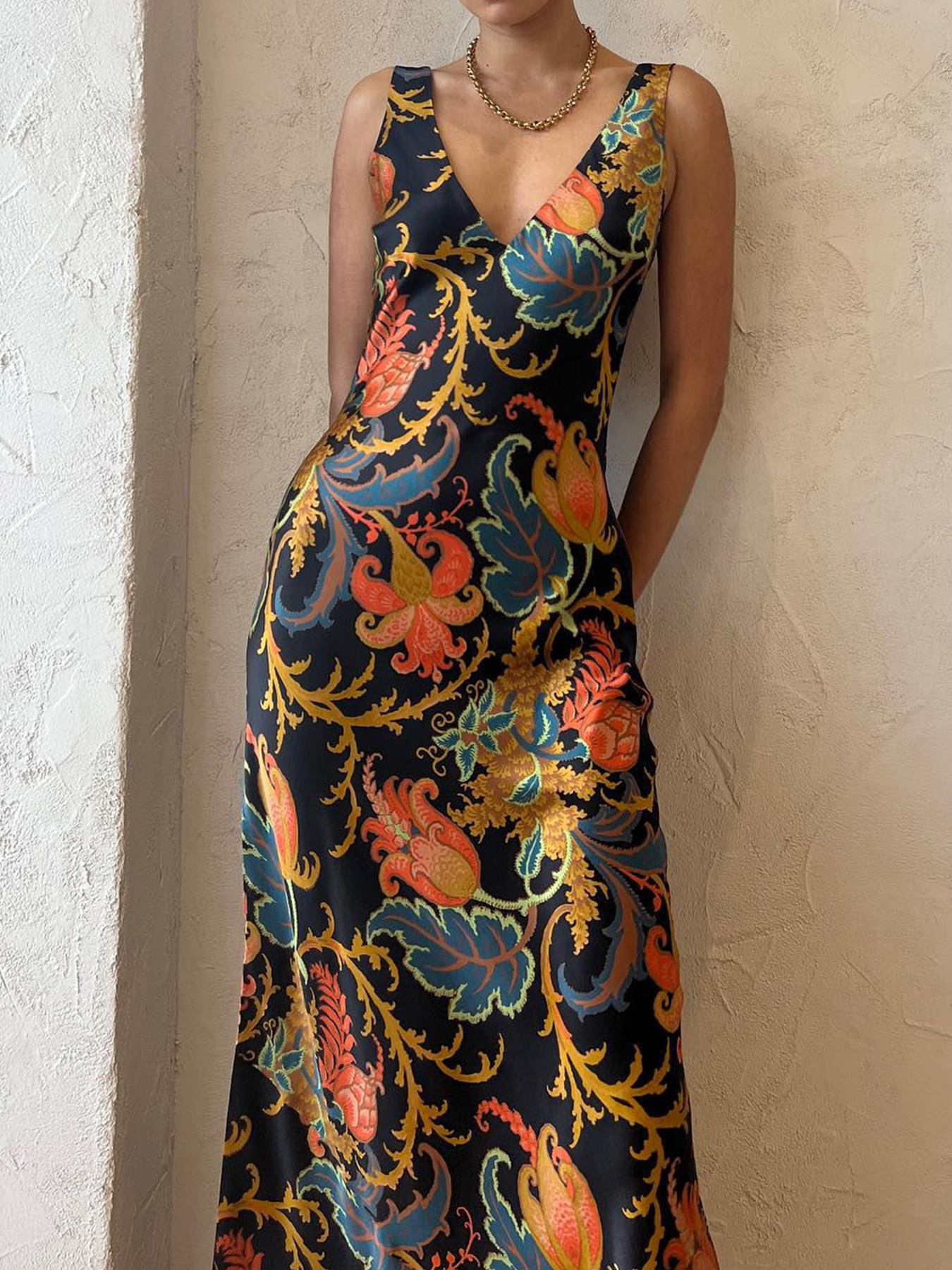 Positioning Printing Backless Sleeveless Swing Maxi Dress
