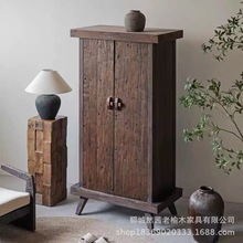 诧异风老榆木衣柜家用卧室做旧风老门板双开门衣柜实木挂衣架衣橱