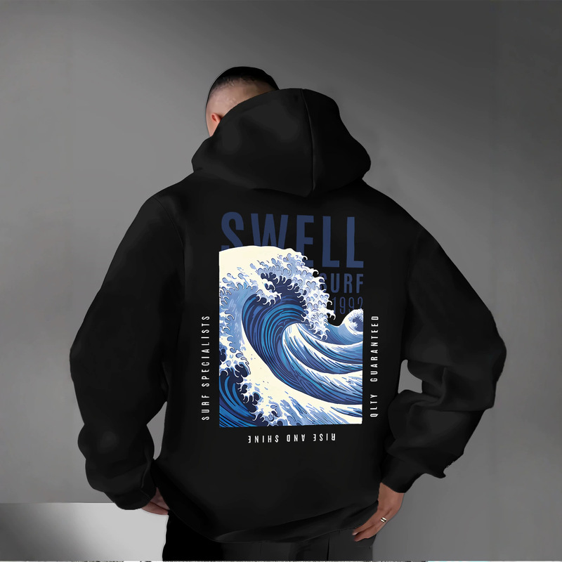 American-style surf wave retro letter print hoodie for men and women, with large graphic on the back, trendy brand, loose fit, drop-shoulder sweatshirt
