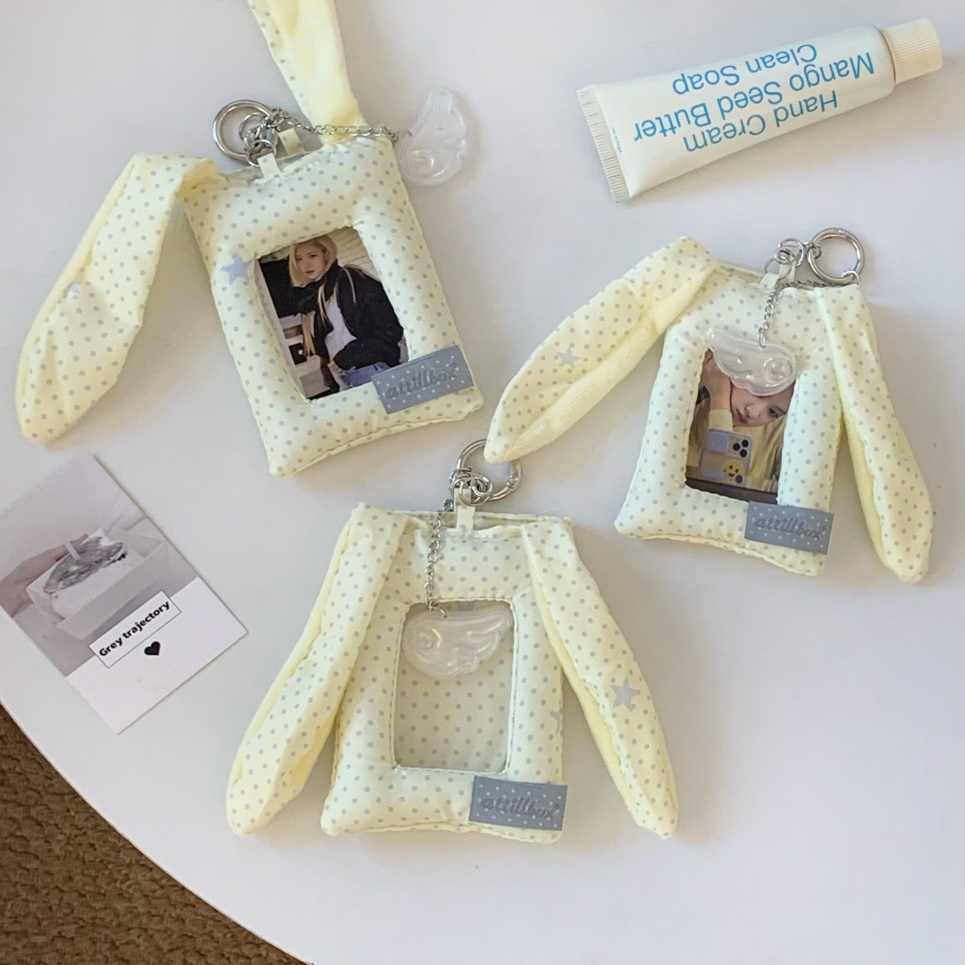 Yellow polka dot bunny ear card holder for women, Korean ins-style card bag, ID bag, fan merchandise, small card protector with pendant
