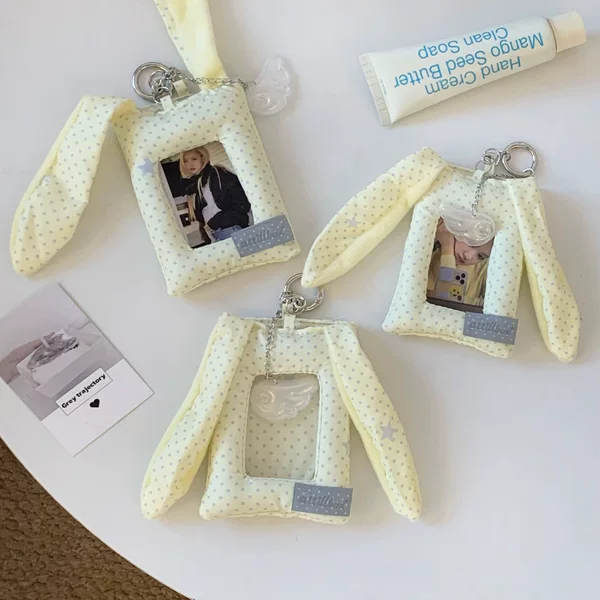 Yellow polka dot bunny ear card holder for women, Korean ins-style card bag, ID bag, fan merchandise, small card protector with pendant