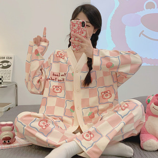 Spring and Autumn Day 2024 New Long Sleeve Strawberry Bear Pajamas Ladies plus size Sweet suit Internet Popular Style Home Clothes