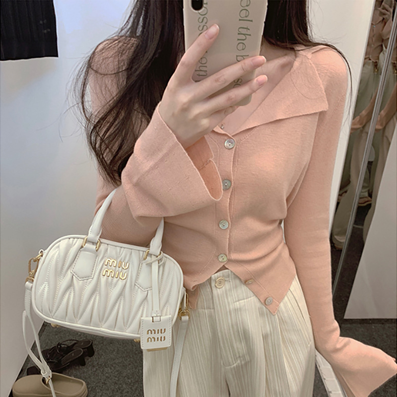 松软细腻喇叭袖后绑带羊毛针织女长袖开衫上衣外套秋季纯色|undefined