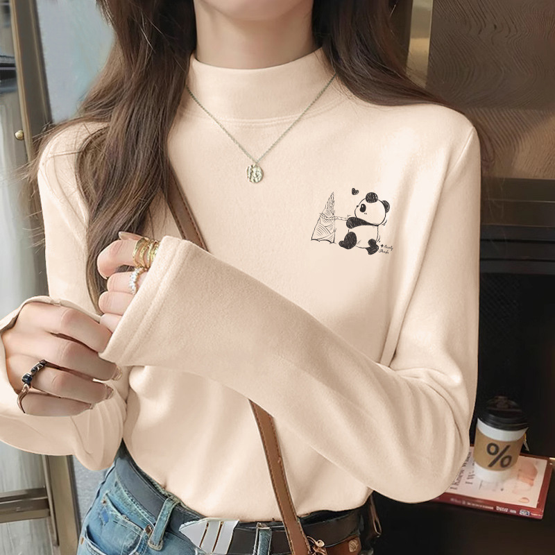 Half Turtleneck German Velvet Double-Sided Bottoming Shirt Women's Top Warm Autumn and Winter Fleece-Lined Autumn Intimates with Long-Sleeved T-Shirt