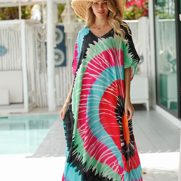 Cruzar la frontera europea y americana suelta blusa de playa rayón impreso bohemio vestido maxi bikini blusa ropa de playa RZ02