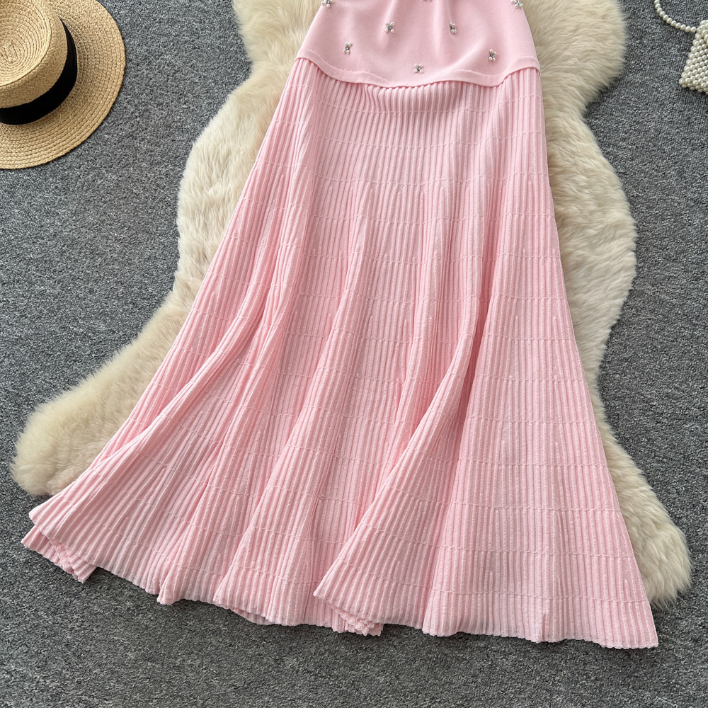 Women's French Style Beaded Short Sleeved Dress Summer Gentle Feminine High Waisted A-Line Skirt Slimming Flattering for Commuting_ecoleips.com