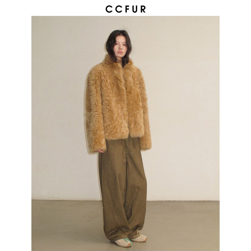 Haining Fur Small Stand Collar Imported Semi-Curly Tuscany Fur One-Piece Toca Jacket | Snow Shining Streamer