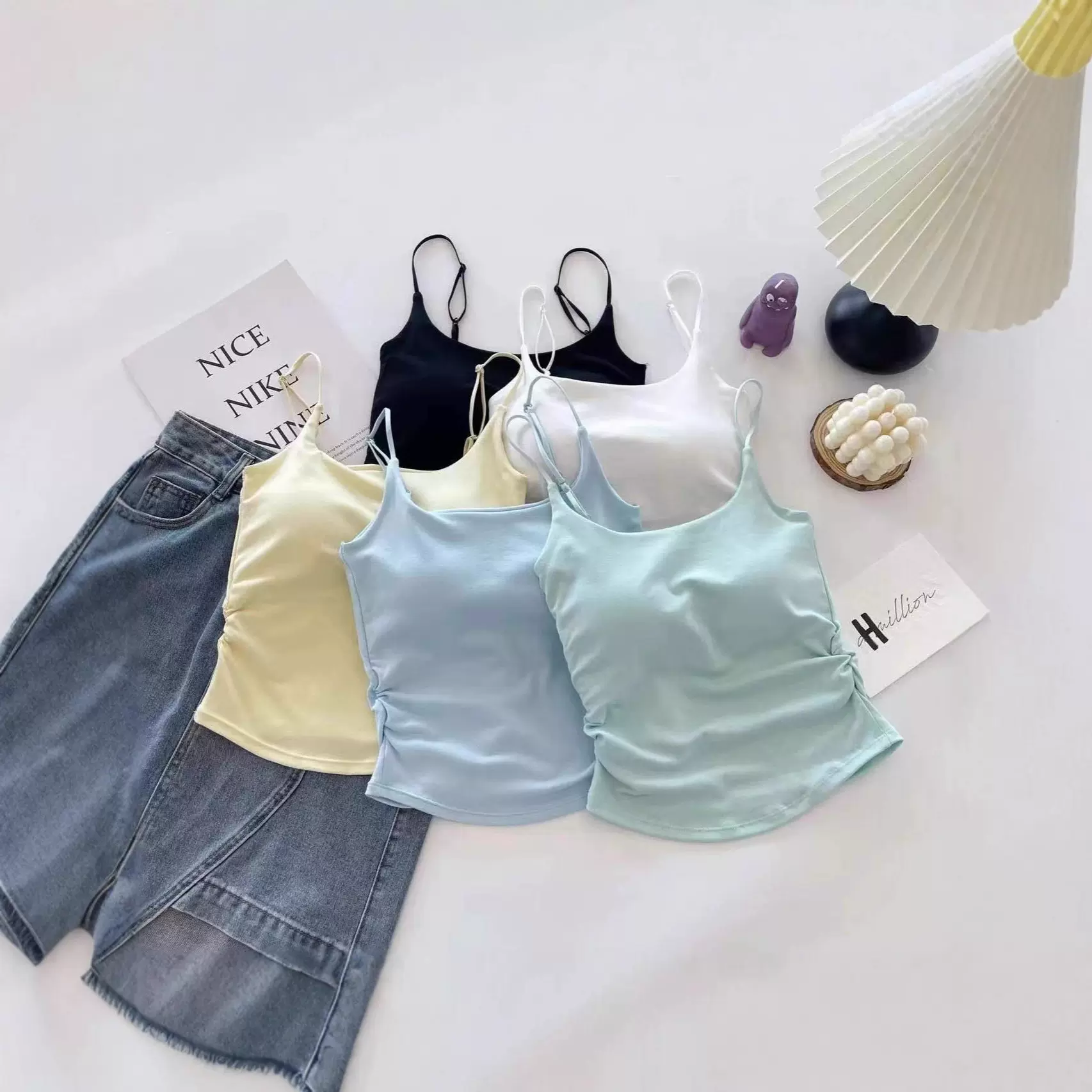 性感纯欲辣妹背心吊带褶皱带胸垫一体大领口内搭美背裹胸