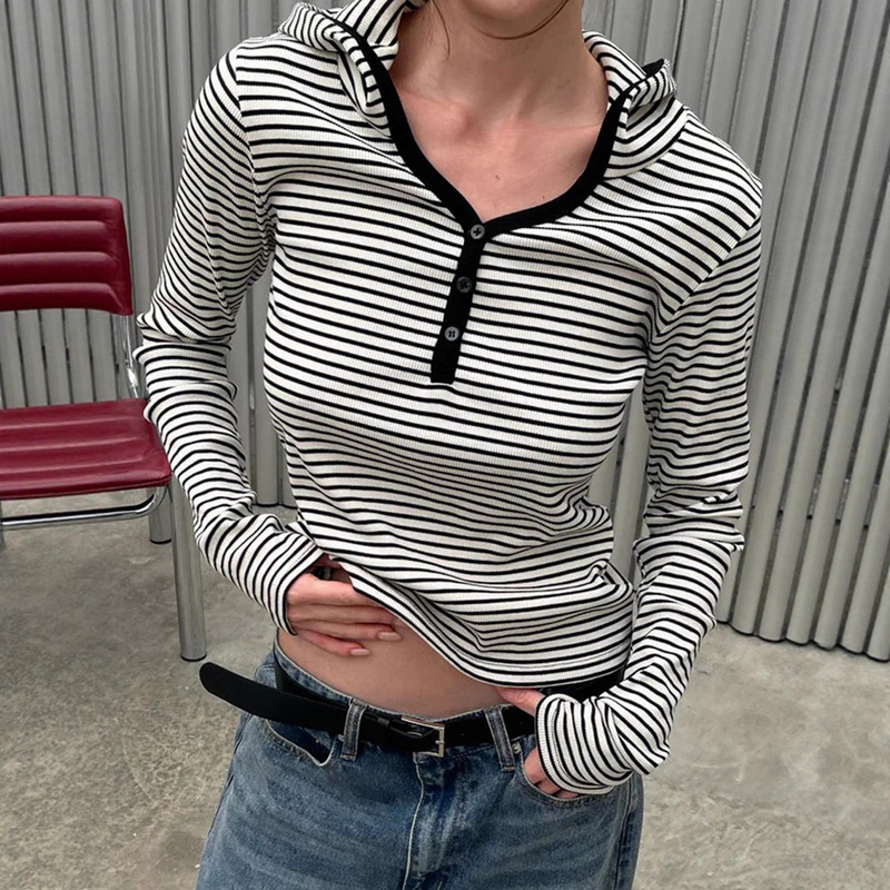 Early Autumn Cross-Border American Casual Striped Hooded Long-Sleeve Button Slim-Fit Top Street Casual T-Shirt Y2K Comfortable Early Autumn Cross-Border American Casual Striped Hooded Long-Sleeve Button Slim-Fit Top Street Casual T-Shirt Y2K Comfortable
