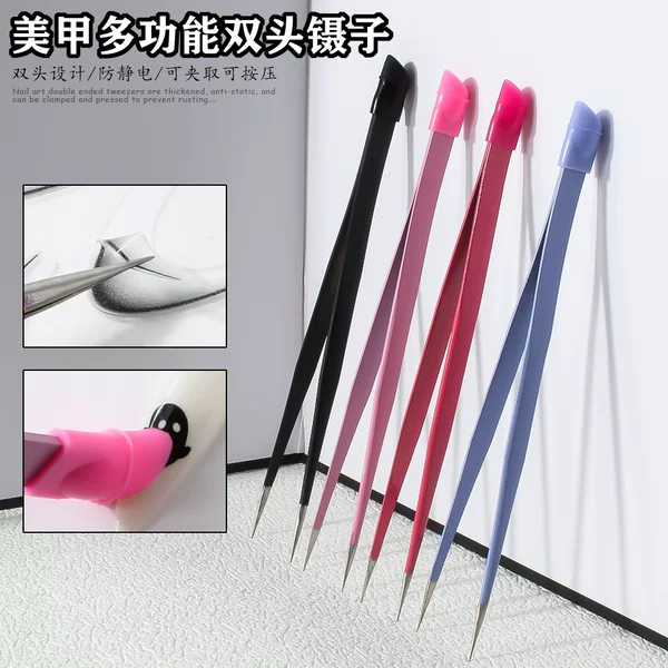 Nail art tweezers double-headed multifunctional with silicone pressure stick embossed nail sticker jewelry clip straight head tweezers wholesale