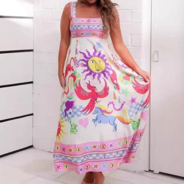 Cross-Border Foreign Trade Women's Clothing Aliexpress 2026 New Casual Long Dress with Straps, Printed High-Waisted Sleeveless Flared Dress Cross-Border Foreign Trade Women's Clothing Aliexpress 2026 New Casual Long Dress with Straps, Printed High-Waisted Sleeveless Flared Dress