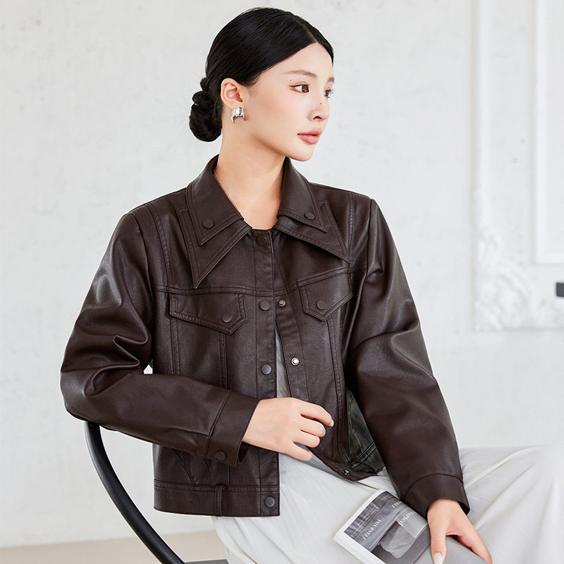 Áo khoác da nữ dáng ngắn phong cách biker, tay dài cổ lật, chất liệu PU — Trang chủ, đen