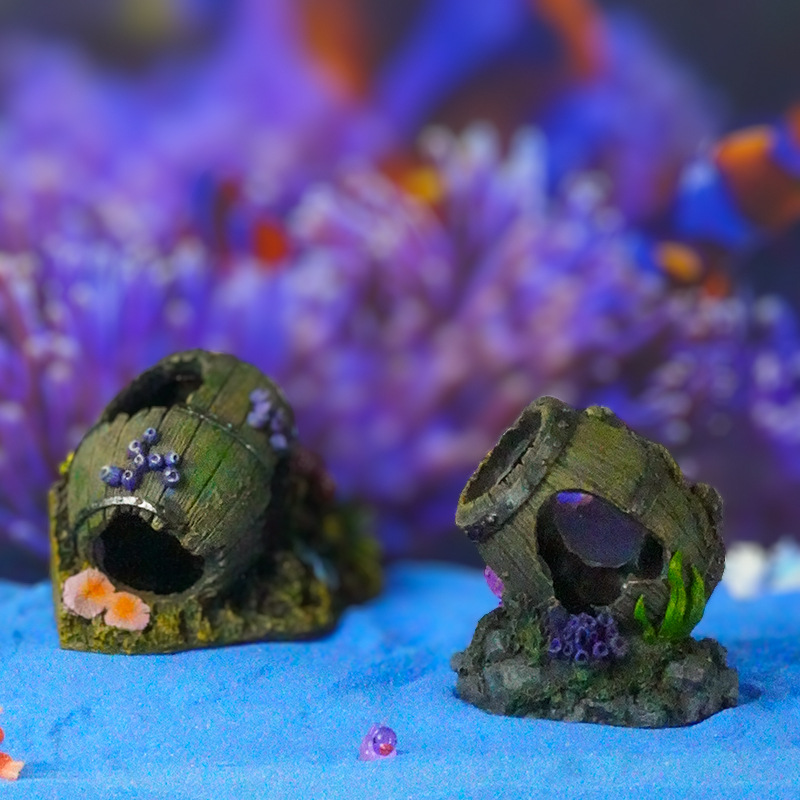 Pecera de venta caliente, acuario, decoración de resina, decoración de la casa de refugio, barril de vino andrajoso, tanque de cría, lugar de desove