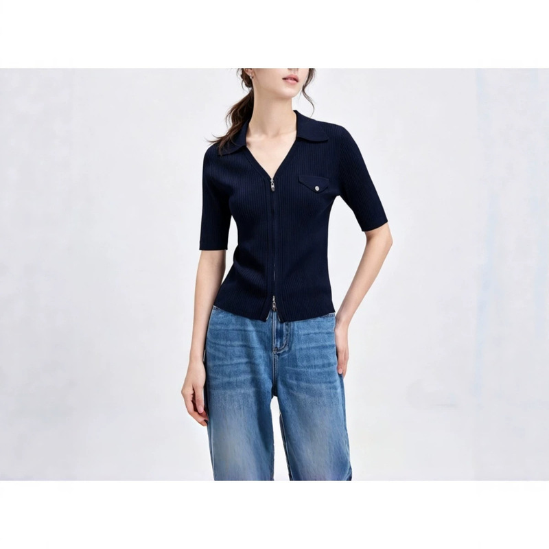 Klein Blue Lapel Zipper Short-Sleeve Knit Cardigan for Women, 2026 Summer Thin Style, Plus Size, Versatile Top