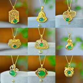 金店同款玉石平安锁项链绿玉髓挂坠女小众百搭高级感毛衣链批发玉