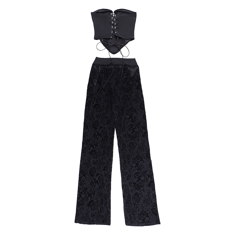 Flocking Lace Up Waist Tube Top Top Trousers Suit Spring Two Piece Suit