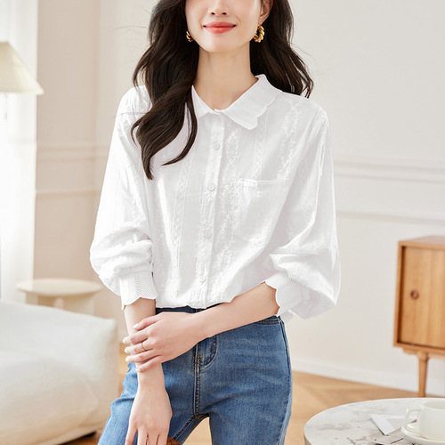 Cotton Pima Shell Blouse Women's Long Sleeve 2025 Spring Collection New Design Style Indie Knit Collar Top Shirt