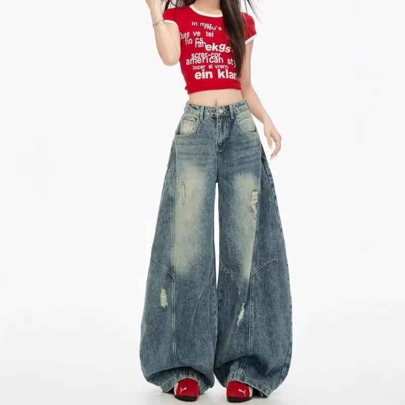 Vintage Ripped Loose-Fitting High-Waisted Wide-Leg Banana Jeans for Women, New Spring Style for Petite Figures