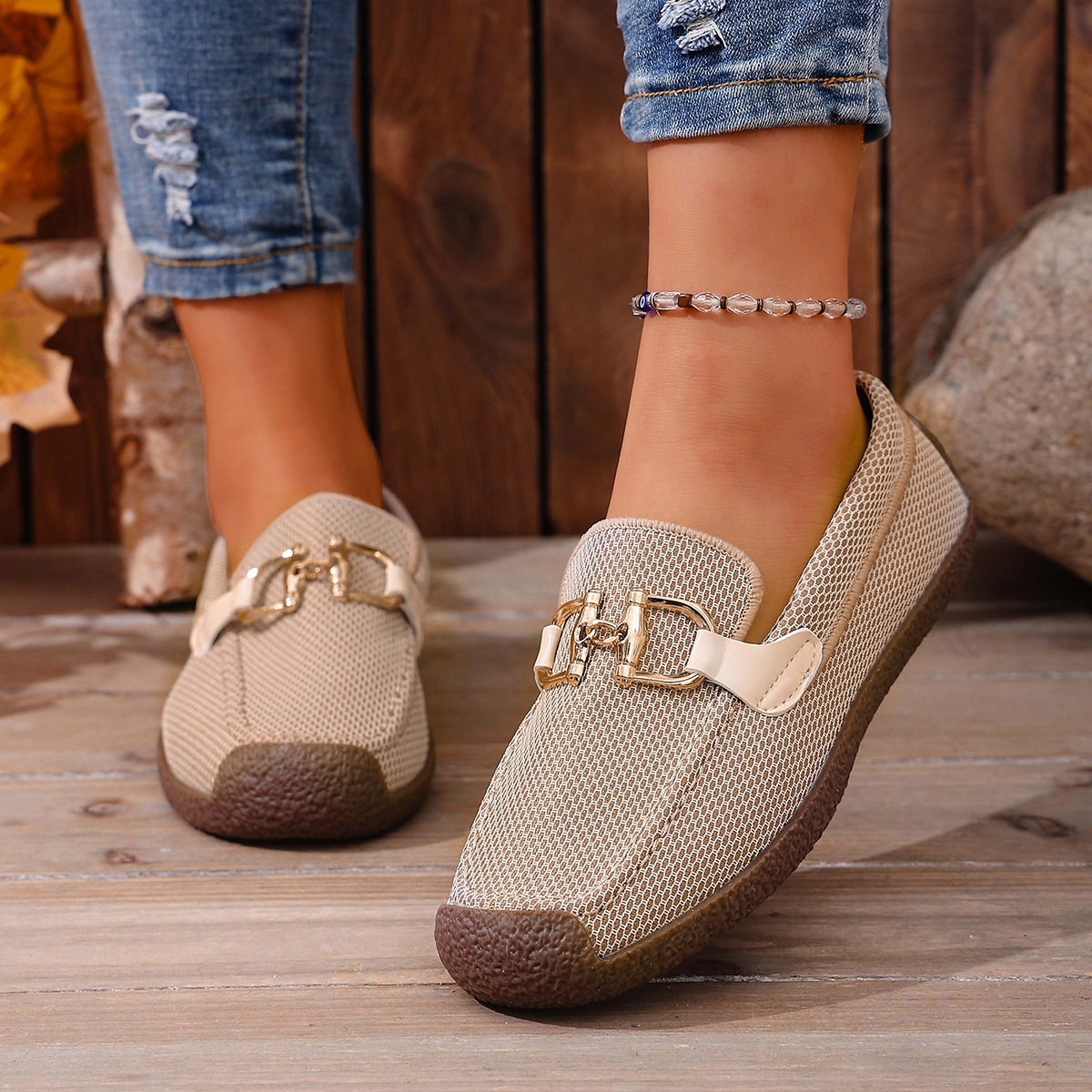 Comfortable Metal Chain Slip-On Casual Loafers Women's Flat Cross-Border Easy Wear Spring New Style_vogvips.com