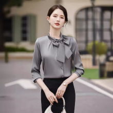 气质长袖雪纺衬衫女春秋新款蝴蝶结衬衣白色上衣工作服一件代发