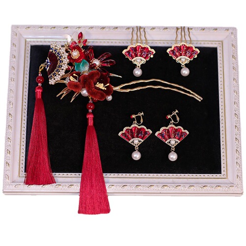 New new Chinese style red tassel headdress bride Xiuhe clothing ancient style toasting clothing hair accessories high-end