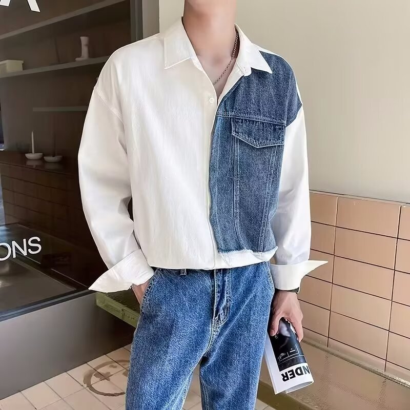 Japanese Style Fashionable Denim Stitching Long-sleeved Shirt Men's Niche Design Sense High Street Couple's Loose Casual White Shirt for Men