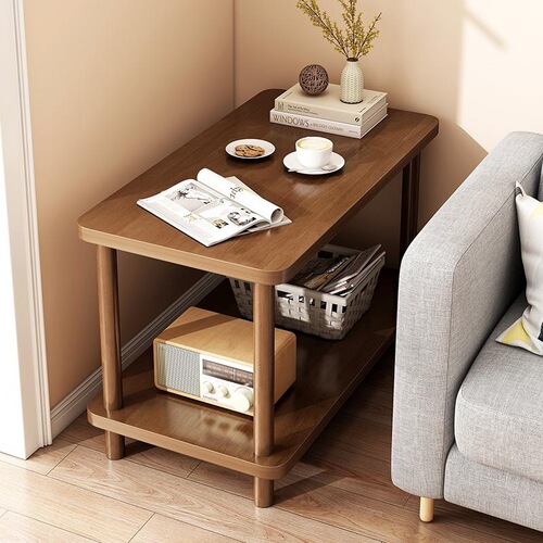 Sofa side table, new Chinese style solid wood double-layer movable small tea table, living room household small tea table, simple storage shelf