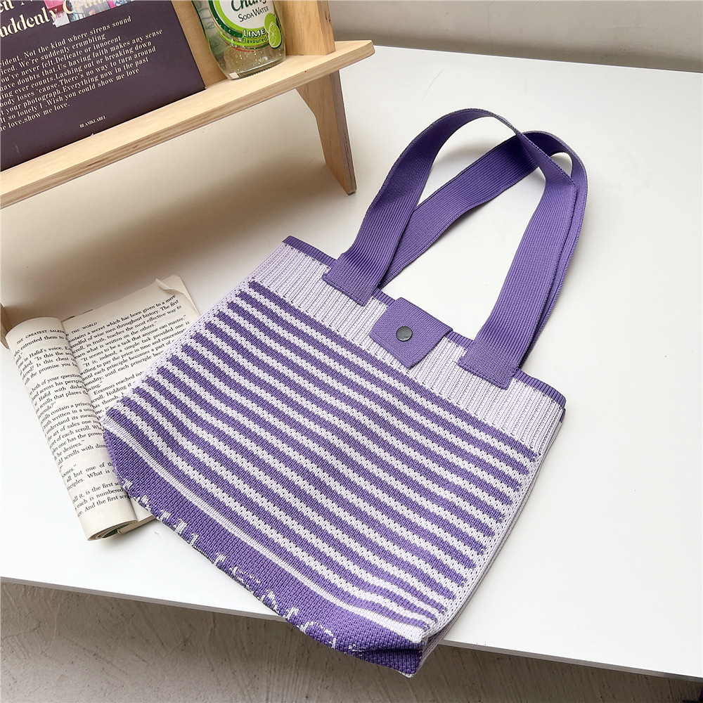 202g Weight Polyester Lining Material Buckle Closure Type Double Shoulder Straps Strap Type Tote Bag Bags Type Daily, Shopping Occasion Knit Material Stripe Pattern All Seasons Season Women's Gender Classic Style Style Medium Size Women's Medium Knit Stripe Classic Style Buckle Tote Bag 13