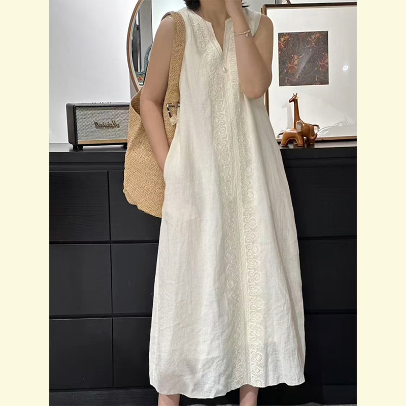 Summer Beautiful French Simple and Elegant Small Fragrance Loose Pregnant Women White Sleeveless Vest Cotton and Linen Dress for Women