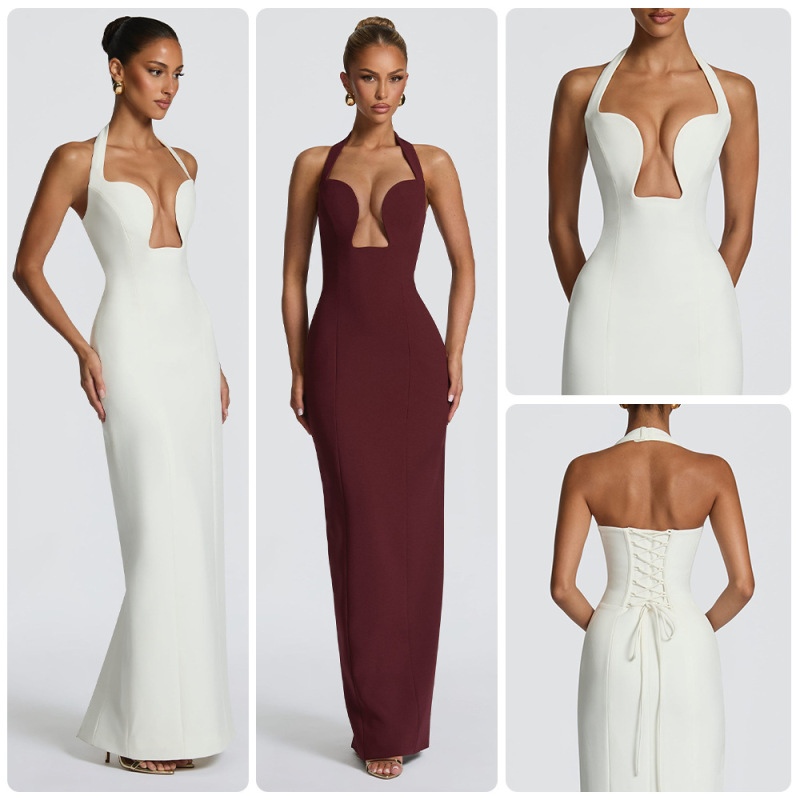 European and American 2026 New Style Neck-Cutout Waist-Cinching Dress for Evening Parties and Red Carpet Events, Floor-Length Gown