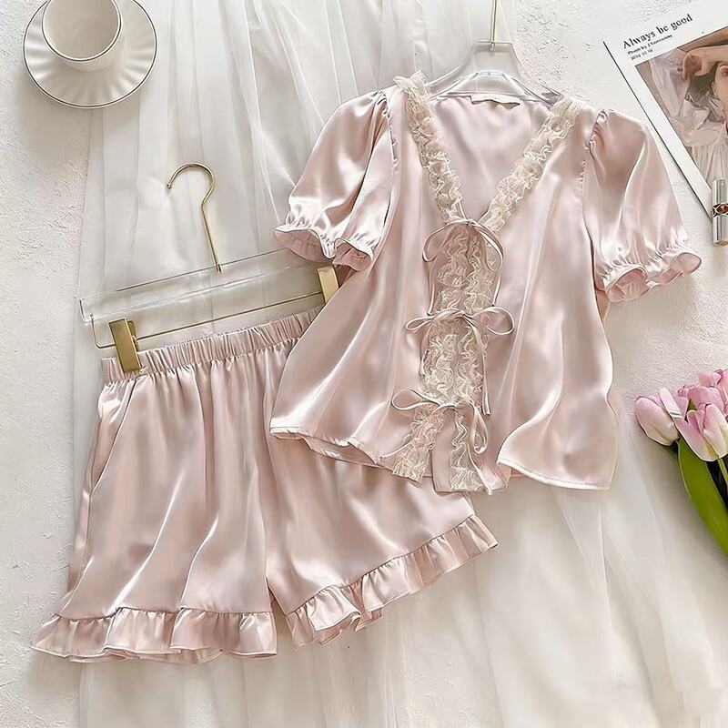 Pajamas Women 2024 New High Sense Summer Sexy Thin Ice Silk Silk Short Sleeve Shorts Home Clothes
