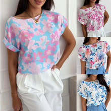 外贸亚马逊eBay2024夏季新款女式短袖上衣圆领印花雪纺衬衫T恤女