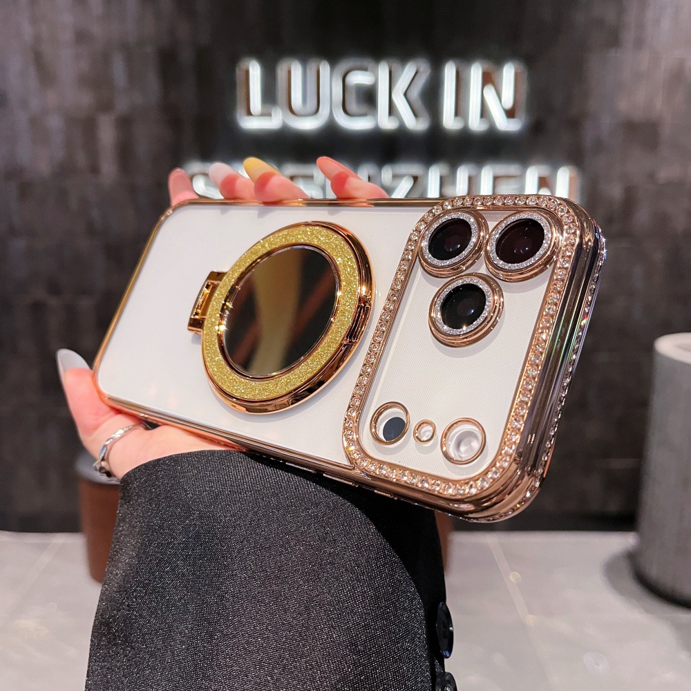 Square Diamond + Glitter Ring Mirror Stand Suitable 17 Pro Max Phone Case, New Model For IPhone 16/15/14_voghion.com