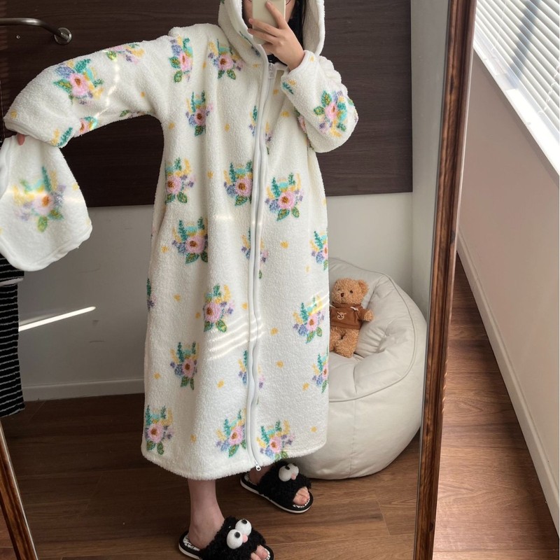 【实拍】鸿楠行走的被窝小熊毛绒拉链睡衣加厚保暖家居服睡袍连帽|undefined