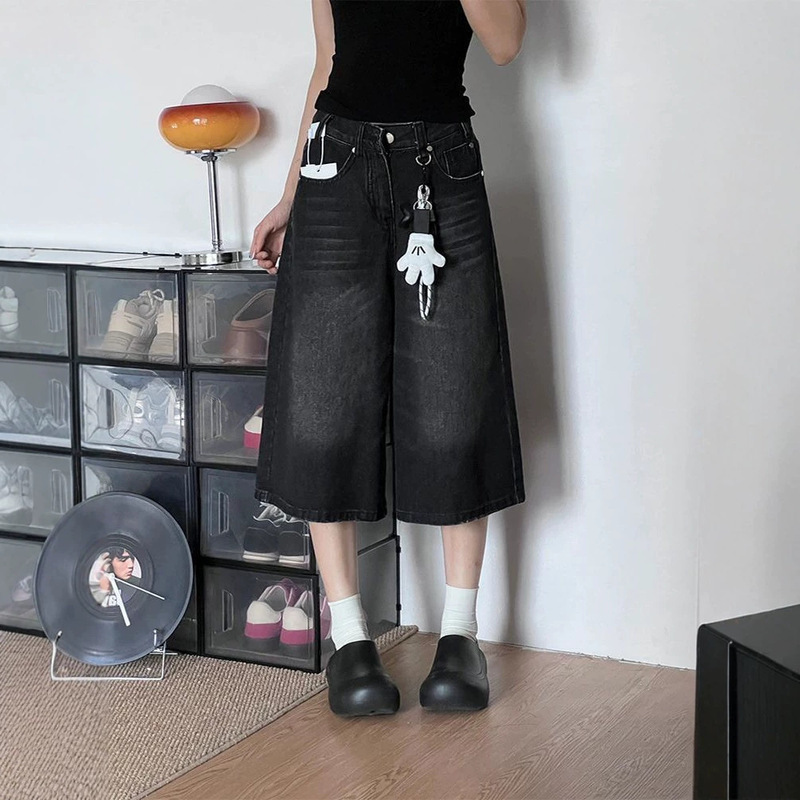 American-Style Petite Washed White Wide-Leg Denim Cropped Pants for Women, 2026 Summer New Slim-Fit Mid-Length Pants