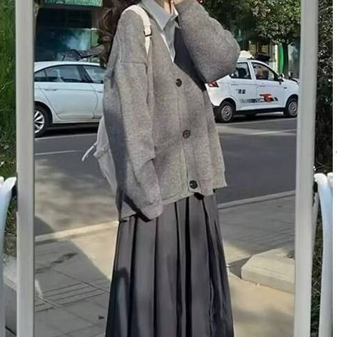 임산부의 가을 세트 한국식 대학 스타일 느슨한 스웨터 카디건 재킷 배꼽 지원 스커트 외국식 투피스 세트