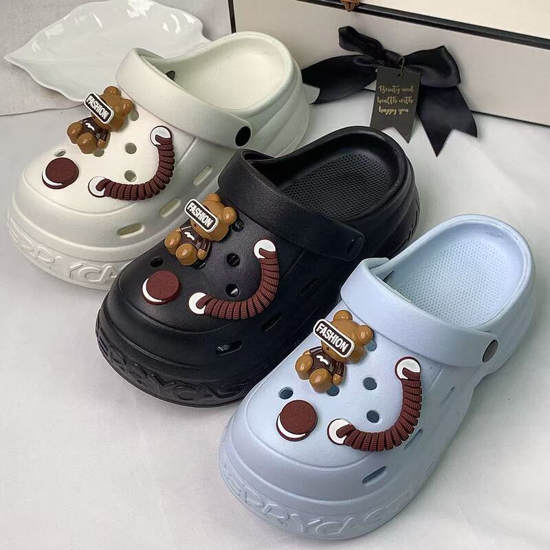 2026 Cross-Border Cloud-Style Eva Clogs for Girls, Cartoon Brown Bear Thick-Soled Summer Outdoor Clogs