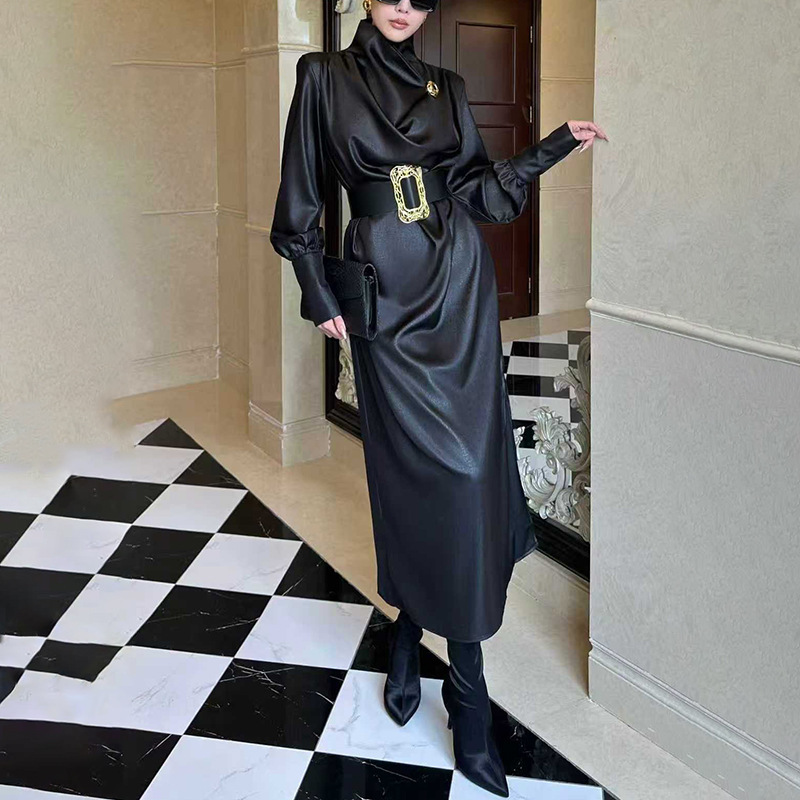 European and American Style Elegant Dress 2026 New Model Long-Sleeve Tie-Up Design with Gold Buttons Solid Color High-Waisted Elegant Dress