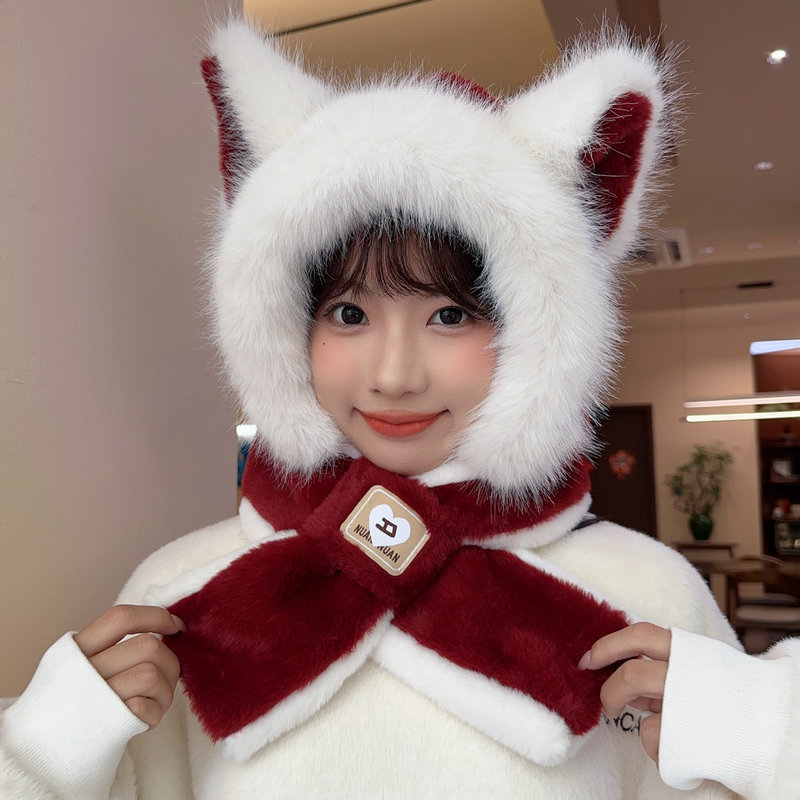 可爱小狐狸围脖帽冬季加厚保暖防寒两件套帽子围巾一体户外骑行帽|undefined