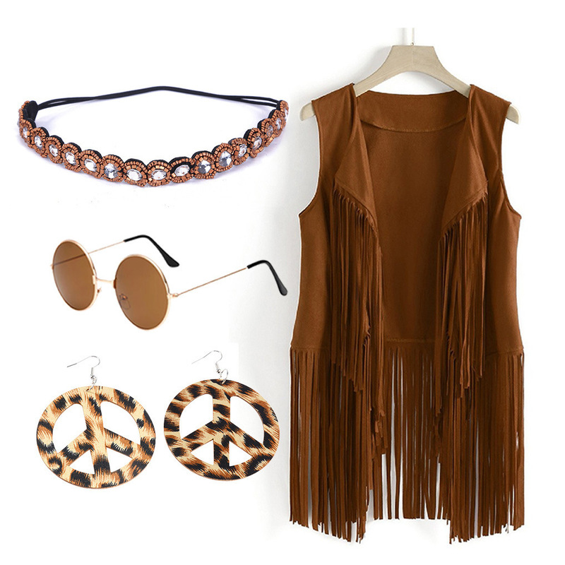 60 s Hot Hippie Fringed Vest cosplay Four-Piece Set Halloween suit Retro Trendy Coat