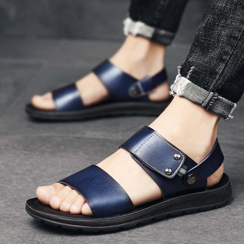 Dép sandal nam cao cấp hở ngón, quai da thoáng khí chống trơn trượt đi biển, đi ngoài trời — Màu xanh đậm trên nền nâu, Nền nâu vàng nâu, Nền nâu, nâu đậm., nền nâu đen