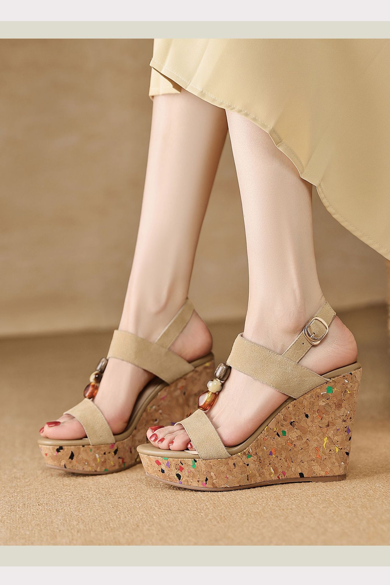 Sandal bohemian đế xuồng cao gót quai ngang hở mũi — màu hồng, màu mơ chi tiết 10