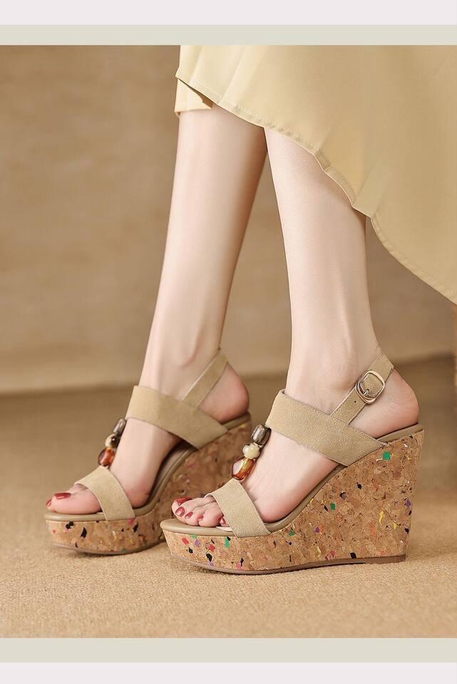 Sandal bohemian đế xuồng cao gót quai ngang hở mũi — màu hồng, màu mơ chi tiết 10