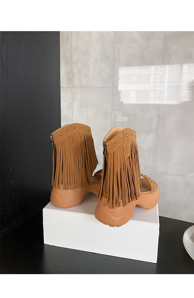 Boot nữ cổ thấp đế xuồng cao gót 9 cm, mũi hở phong cách phương Tây, tua rua đinh tán — Màu caramel, màu mơ chi tiết 24